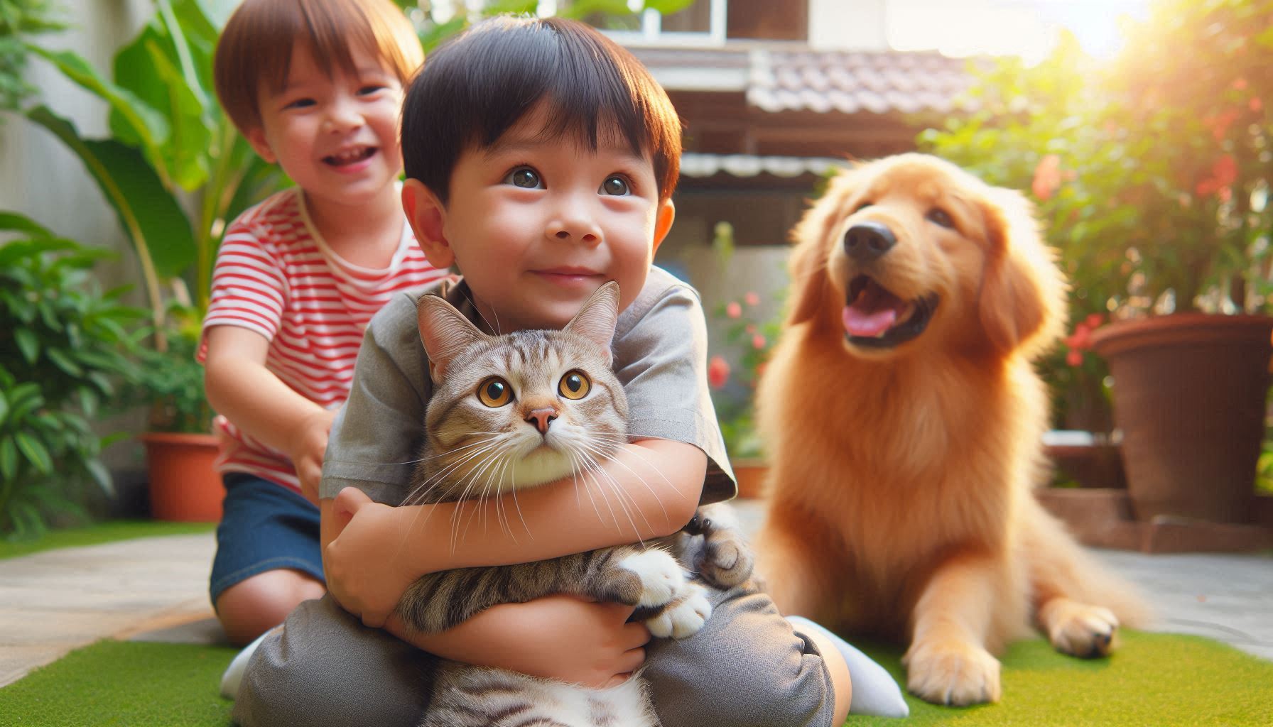 Two children hugging a cat in a sunny garden, with a golden retriever beside them